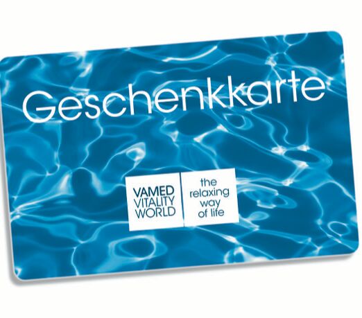 Blaue Geschenkkarte der Vamed Vitality World.